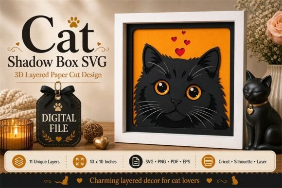 Charming Black Cat 3D Shadow Box SVG Wall Art