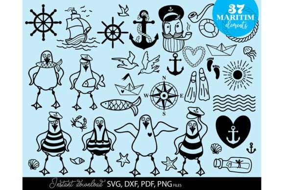 German Sailor Nautical Set of 37 Clipart